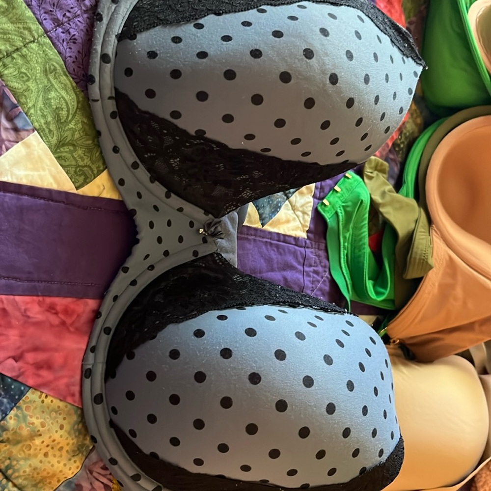 Soma 40DDD embraceable full coverage bra, blue with black lace & polka dots.